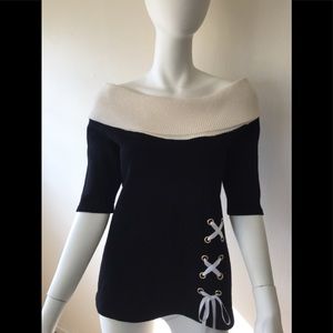 VTG Fianona black sweater w/white cowl neck & ribbon/grommet embellishments